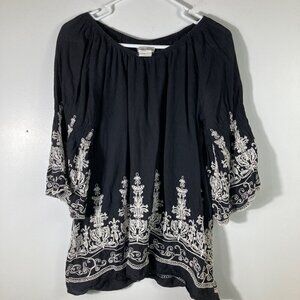 Womens Sassybling Boho Embroidered Off Shoulder Tunic 3/4‎ Sleeve Black White M